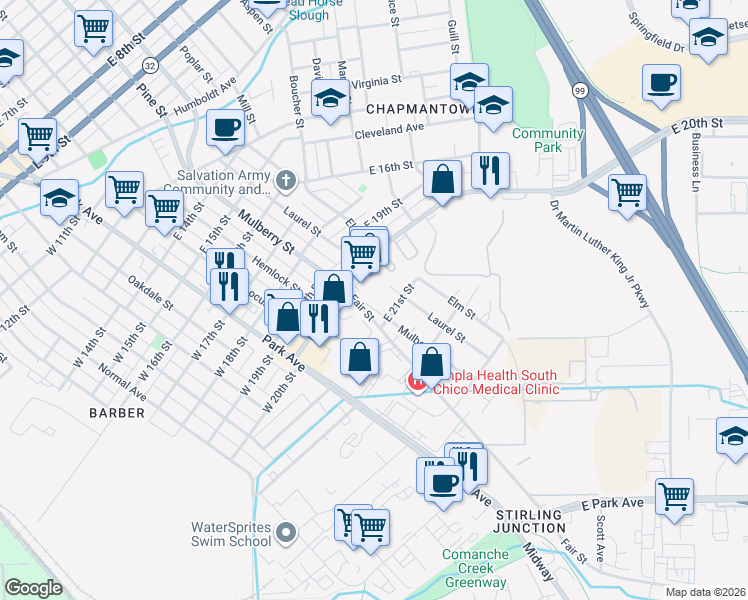 map of restaurants, bars, coffee shops, grocery stores, and more near 2085 Mulberry Street in Chico