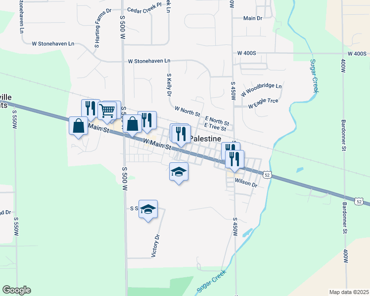 map of restaurants, bars, coffee shops, grocery stores, and more near 14 West Main Street in New Palestine