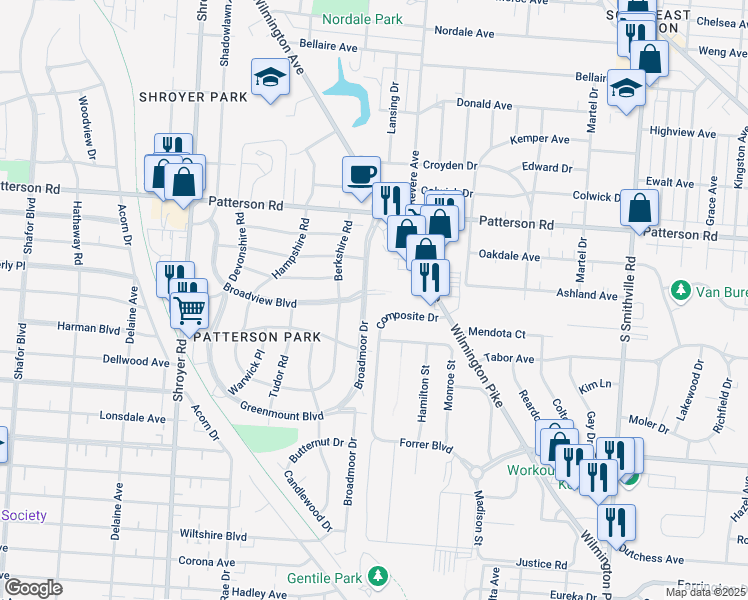 map of restaurants, bars, coffee shops, grocery stores, and more near 1308 Broadview Boulevard in Dayton