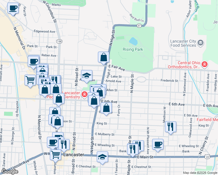 map of restaurants, bars, coffee shops, grocery stores, and more near 315 East Allen Street in Lancaster