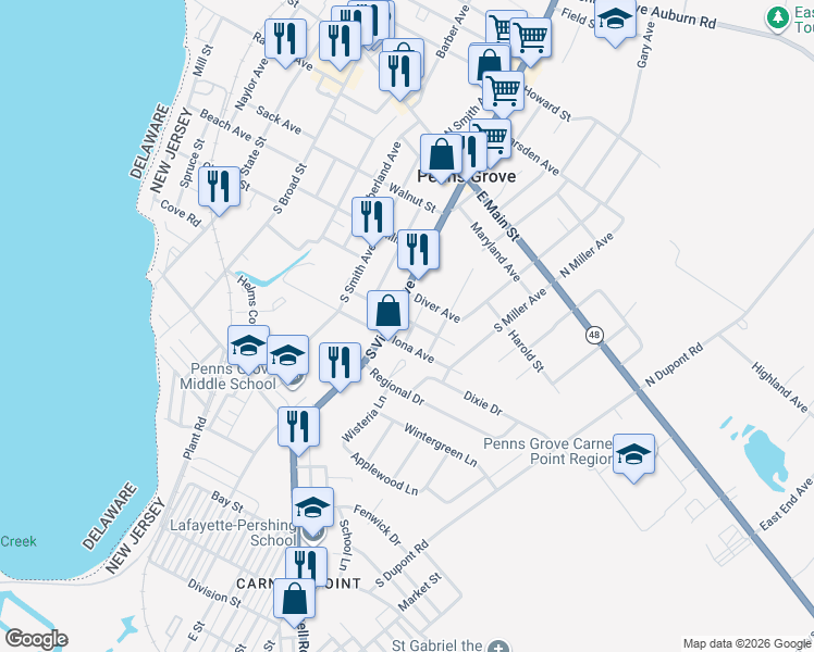 map of restaurants, bars, coffee shops, grocery stores, and more near 8 Park Avenue in Penns Grove
