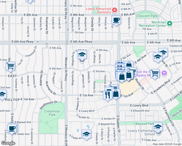 map of restaurants, bars, coffee shops, grocery stores, and more near 280 Oneida Street in Denver
