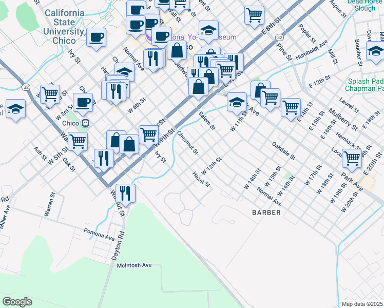 map of restaurants, bars, coffee shops, grocery stores, and more near 1034 Chestnut Street in Chico