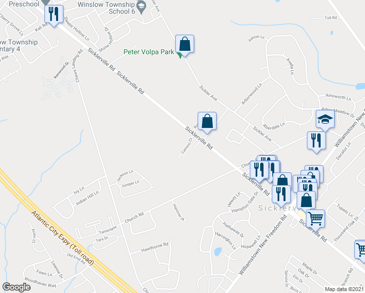 map of restaurants, bars, coffee shops, grocery stores, and more near 12 Camino Court in Sicklerville