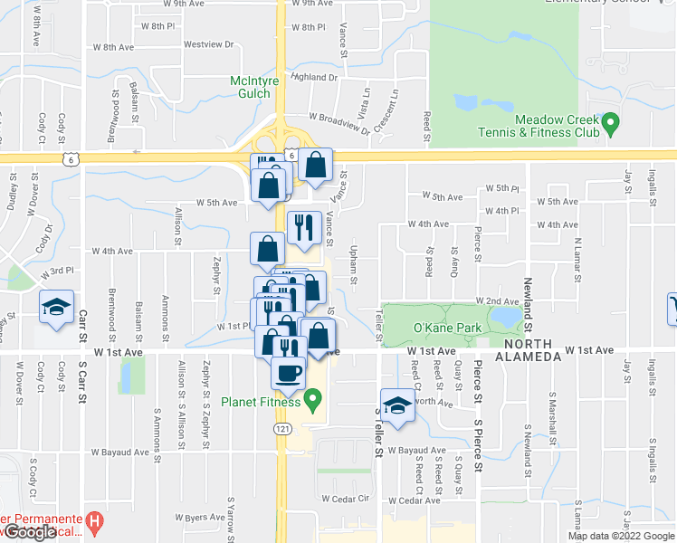 map of restaurants, bars, coffee shops, grocery stores, and more near 7375 West 3rd Avenue in Lakewood