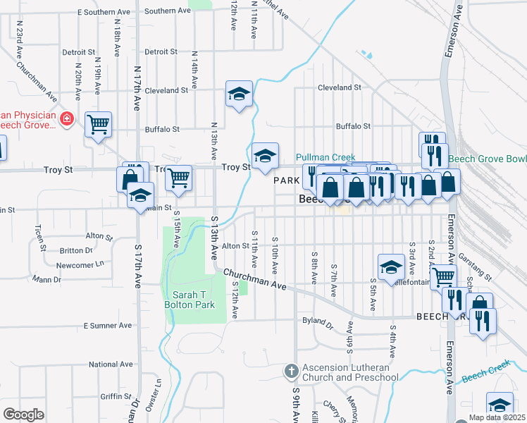 map of restaurants, bars, coffee shops, grocery stores, and more near 1015 Main Street in Beech Grove