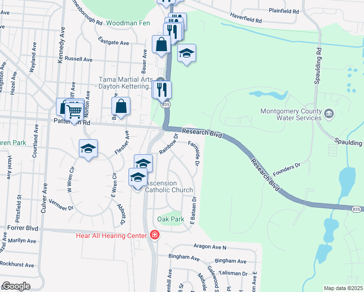 map of restaurants, bars, coffee shops, grocery stores, and more near 2208 Farmside Drive in Dayton