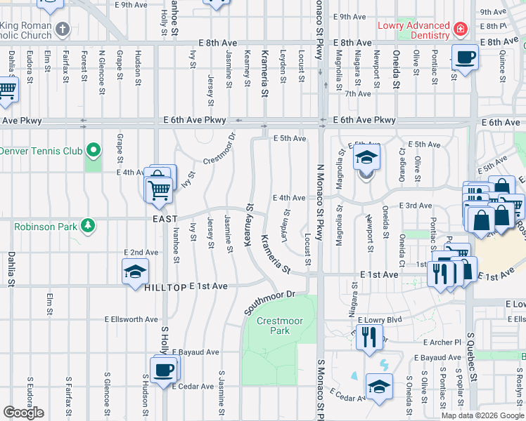 map of restaurants, bars, coffee shops, grocery stores, and more near 6125 East 3rd Avenue in Denver