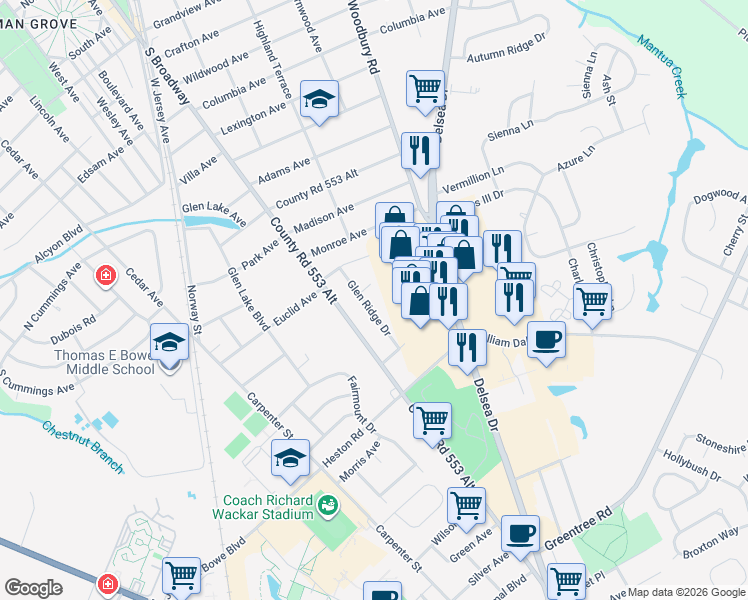 map of restaurants, bars, coffee shops, grocery stores, and more near 1215 Glen Ridge Dr in Glassboro