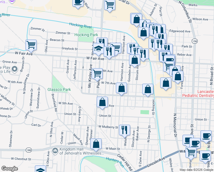 map of restaurants, bars, coffee shops, grocery stores, and more near 634 Garfield Avenue in Lancaster