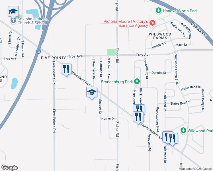 map of restaurants, bars, coffee shops, grocery stores, and more near 3202 South Richardt Avenue in Indianapolis