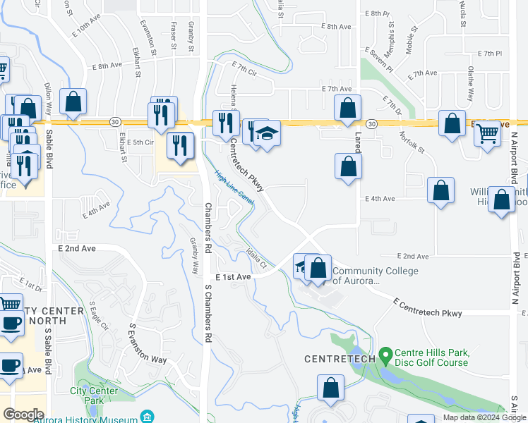 map of restaurants, bars, coffee shops, grocery stores, and more near 445 North Helena Court in Aurora