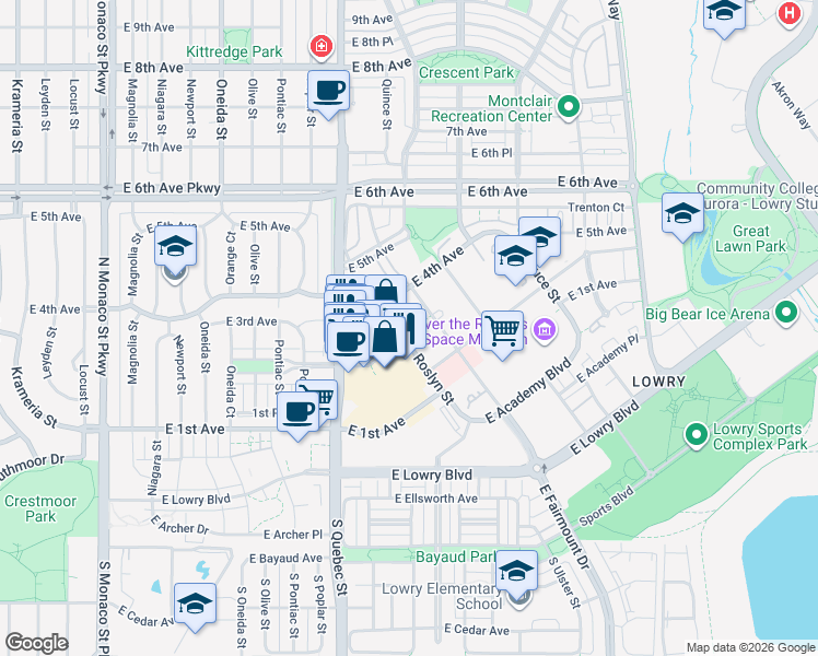 map of restaurants, bars, coffee shops, grocery stores, and more near 250 Roslyn Street in Denver