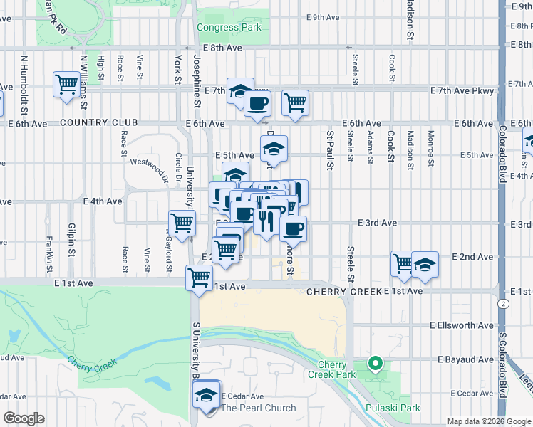 map of restaurants, bars, coffee shops, grocery stores, and more near 329 Detroit Street in Denver