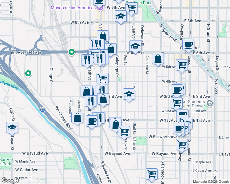 map of restaurants, bars, coffee shops, grocery stores, and more near 329 Galapago Street in Denver