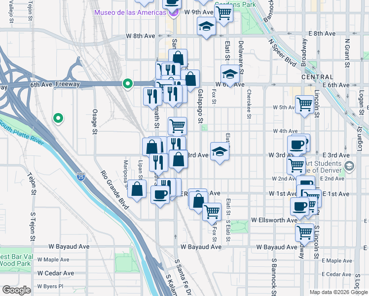 map of restaurants, bars, coffee shops, grocery stores, and more near 332 Santa Fe Drive in Denver