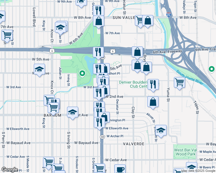 map of restaurants, bars, coffee shops, grocery stores, and more near 2833 West 3rd Avenue in Denver
