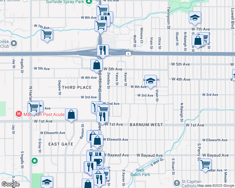 map of restaurants, bars, coffee shops, grocery stores, and more near 325 Yates Street in Denver