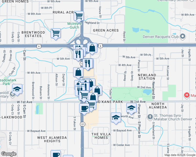 map of restaurants, bars, coffee shops, grocery stores, and more near 7385 West 3rd Avenue in Denver