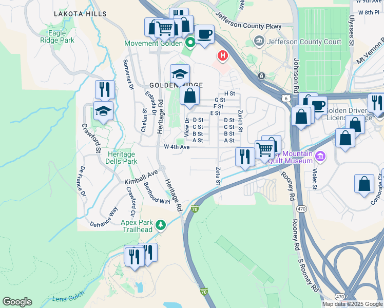 map of restaurants, bars, coffee shops, grocery stores, and more near 18234 West 4th Avenue in Golden