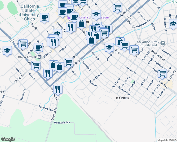 map of restaurants, bars, coffee shops, grocery stores, and more near 1014 Chestnut Street in Chico