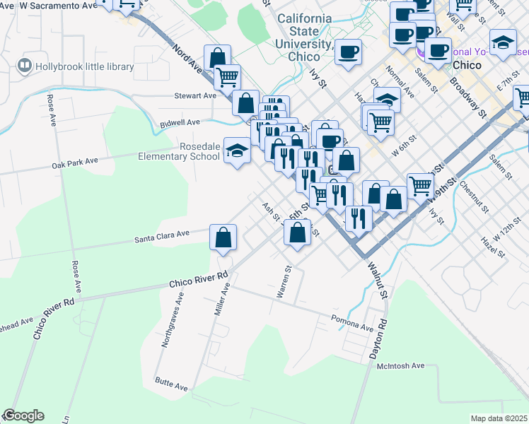 map of restaurants, bars, coffee shops, grocery stores, and more near 315 Hickory Street in Chico