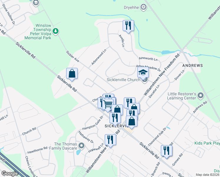 map of restaurants, bars, coffee shops, grocery stores, and more near 1600-1954 Edgewood Acres III in Sicklerville