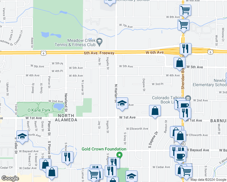 map of restaurants, bars, coffee shops, grocery stores, and more near 319 North Harlan Street in Lakewood