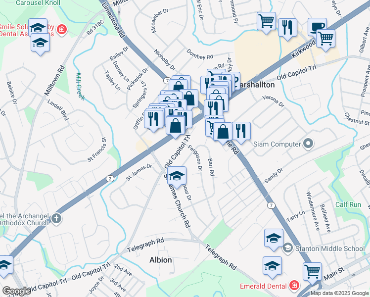 map of restaurants, bars, coffee shops, grocery stores, and more near 4800 Old Capitol Trail in Wilmington