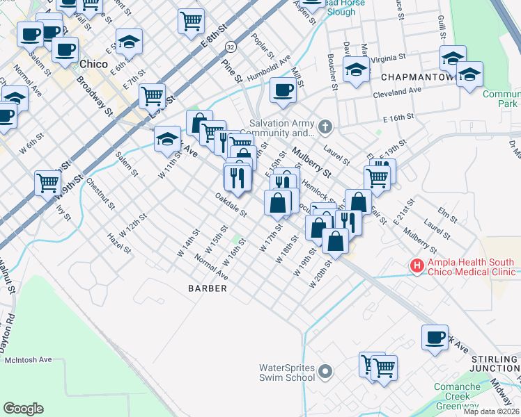 map of restaurants, bars, coffee shops, grocery stores, and more near in Chico
