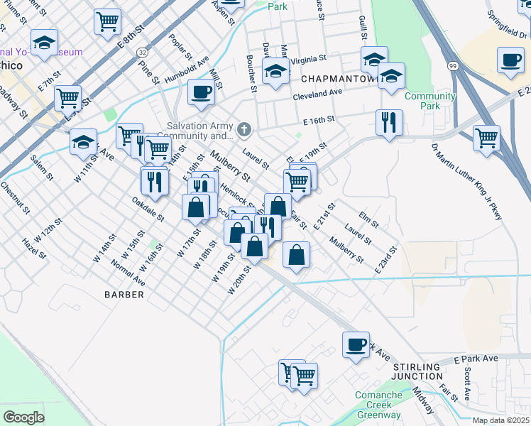 map of restaurants, bars, coffee shops, grocery stores, and more near 1909 Hemlock Street in Chico