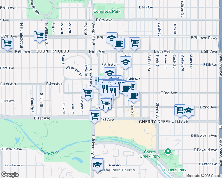 map of restaurants, bars, coffee shops, grocery stores, and more near 320 Columbine Street in Denver