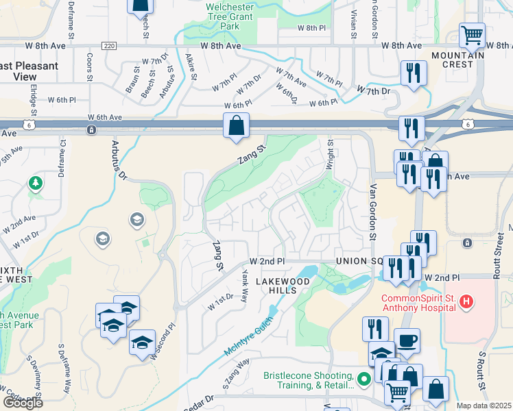 map of restaurants, bars, coffee shops, grocery stores, and more near 341 Wright Street in Lakewood