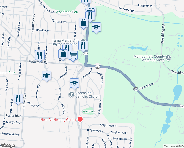map of restaurants, bars, coffee shops, grocery stores, and more near 2208 Farmside Drive in Dayton
