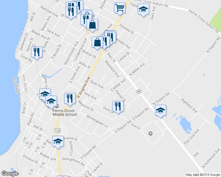 map of restaurants, bars, coffee shops, grocery stores, and more near 64-64-1/2 South Miller Avenue in Penns Grove
