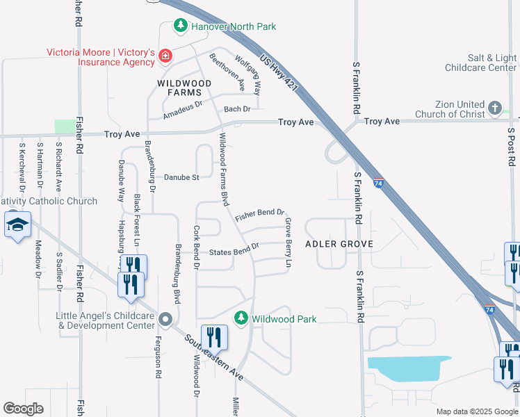 map of restaurants, bars, coffee shops, grocery stores, and more near 8046 Fisher Bend Drive in Indianapolis