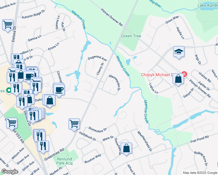 map of restaurants, bars, coffee shops, grocery stores, and more near 409 Pewter Court in Glassboro