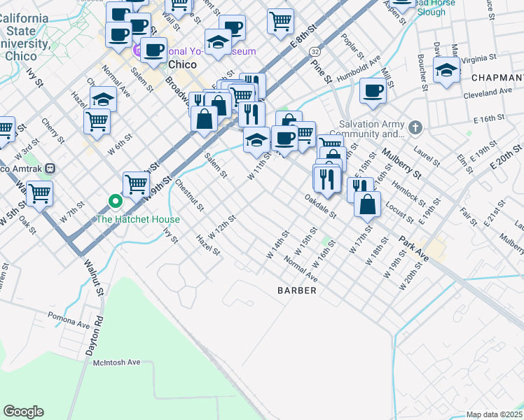 map of restaurants, bars, coffee shops, grocery stores, and more near 1241 Salem Street in Chico