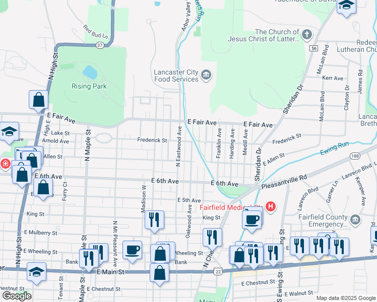 map of restaurants, bars, coffee shops, grocery stores, and more near 721 Oakwood Avenue in Lancaster