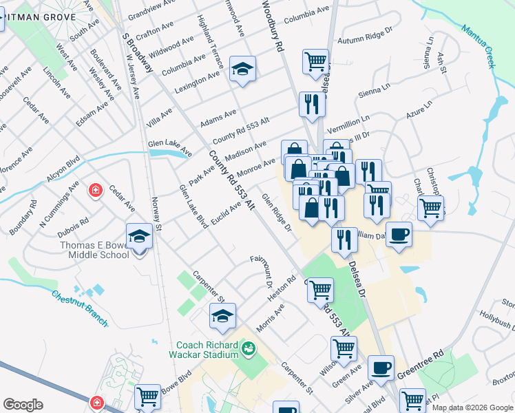 map of restaurants, bars, coffee shops, grocery stores, and more near 956 North Main Street in Glassboro