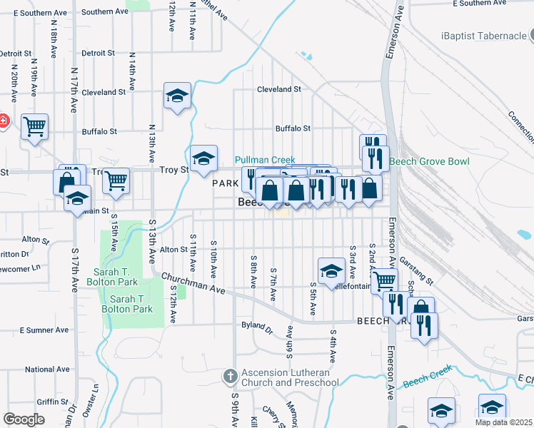 map of restaurants, bars, coffee shops, grocery stores, and more near in Beech Grove