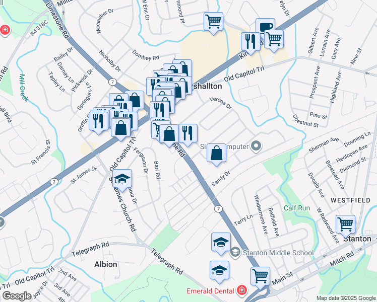 map of restaurants, bars, coffee shops, grocery stores, and more near 2015 Limestone Road in Wilmington