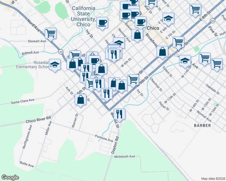 map of restaurants, bars, coffee shops, grocery stores, and more near 926 West 8th Street in Chico