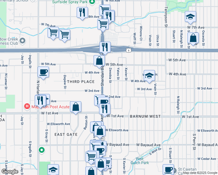 map of restaurants, bars, coffee shops, grocery stores, and more near 351 Zenobia Street in Denver