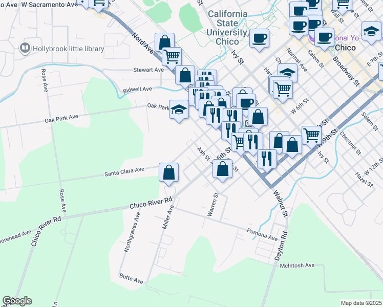 map of restaurants, bars, coffee shops, grocery stores, and more near 315 Hickory Street in Chico