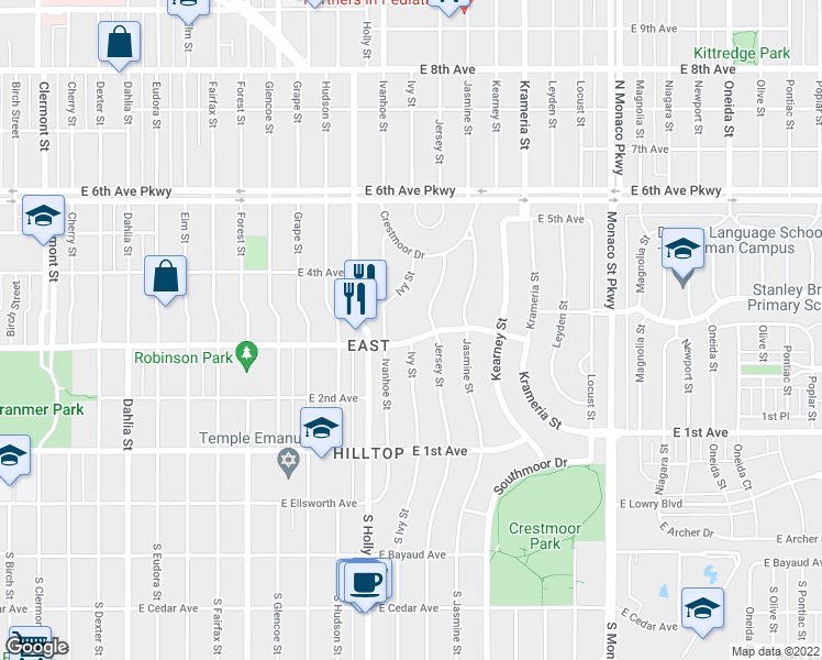 map of restaurants, bars, coffee shops, grocery stores, and more near 5801 East 3rd Avenue in Denver