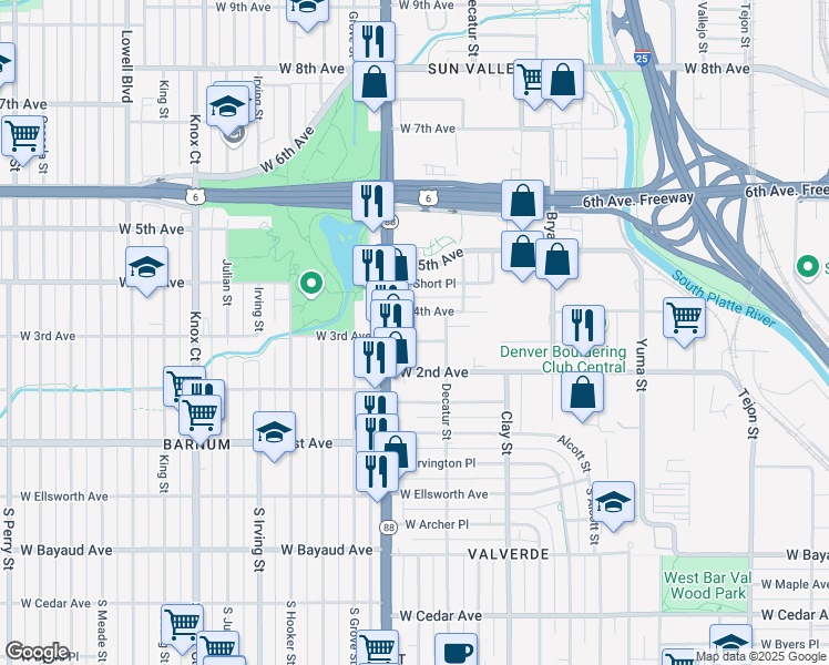 map of restaurants, bars, coffee shops, grocery stores, and more near 2833 West 3rd Avenue in Denver