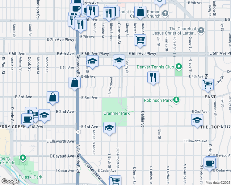 map of restaurants, bars, coffee shops, grocery stores, and more near 315 Clermont Street in Denver