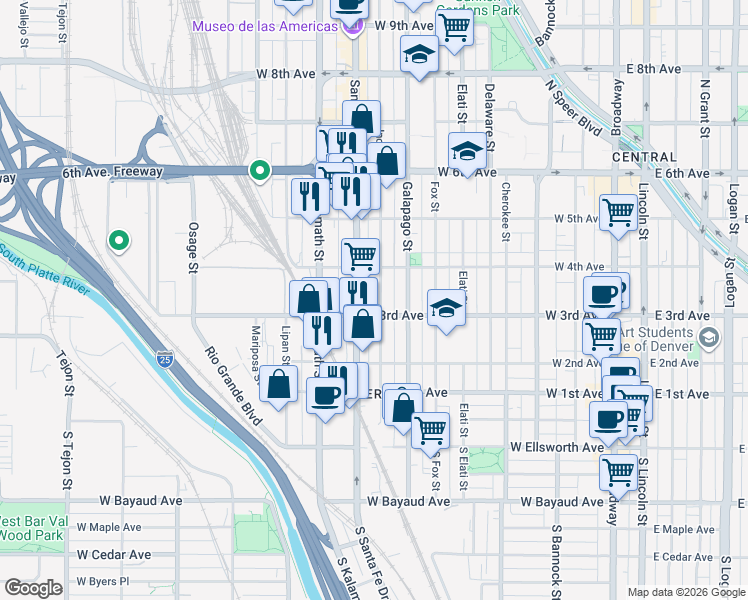 map of restaurants, bars, coffee shops, grocery stores, and more near 332 Santa Fe Drive in Denver