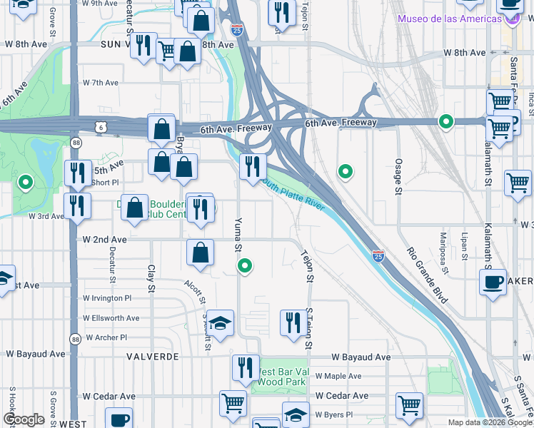 map of restaurants, bars, coffee shops, grocery stores, and more near 315 Vallejo Street in Denver
